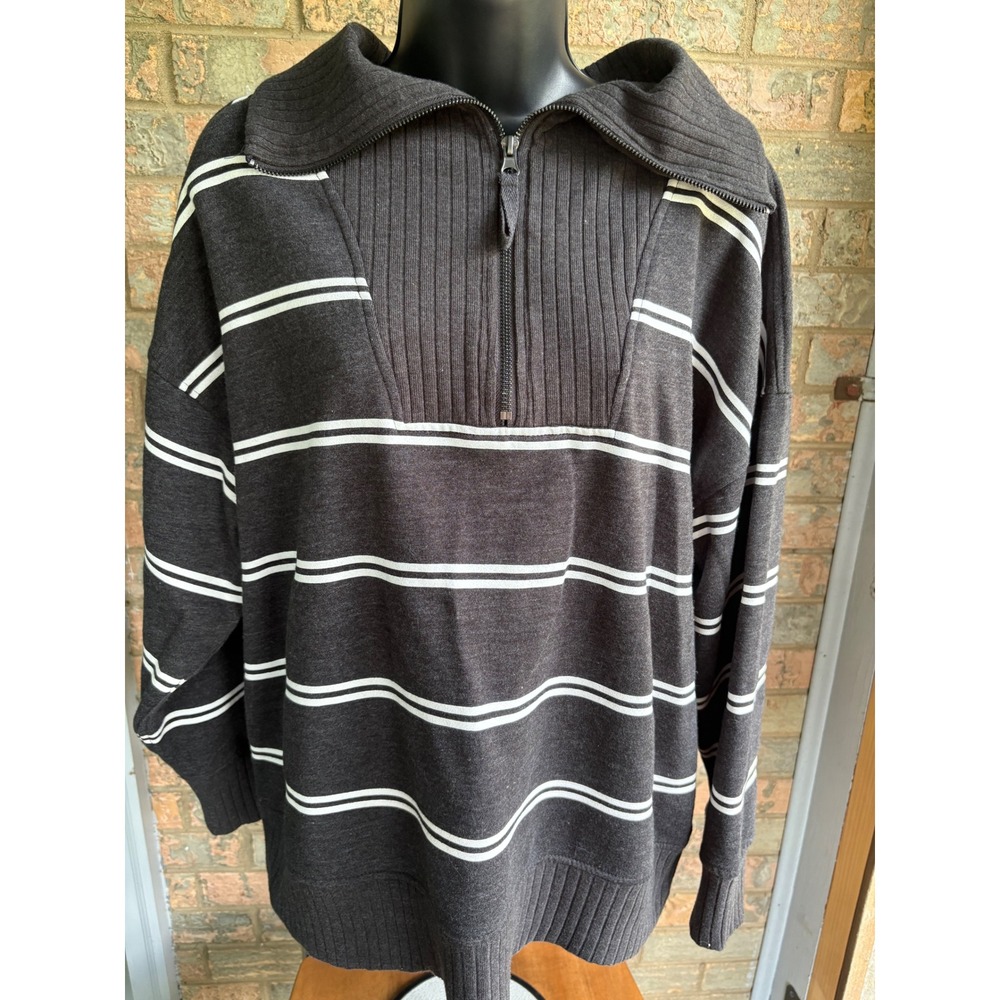 Maurices Womens XL Quarter Zip Pullover Sweater Striped Charcoal Fleece Lining